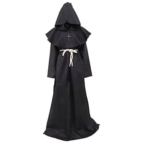 Holibanna Mönch Mittelalterliche Mönchsrobe Mit Kapuze Renaissance-Priesterrobe Kostüm Zauberermantel Robe Cosplay Gürtel Kreuz Halskette Set Halloween-Cosplay-Kostüm Schwarz L von Holibanna