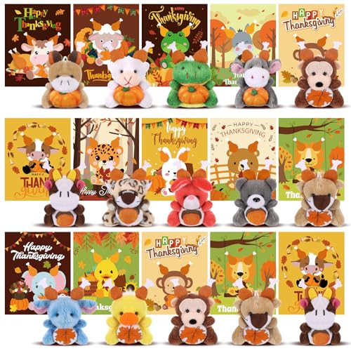 Hollowfly 15 Sets Thanksgiving Mini Stofftiere mit Thanksgiving Karten Herbst Mini Soft Plüsch Spielzeug mit Kürbis Ahornblatt Geschenk-Set für Thanksgiving Party Favors Goodie Bag Filler Preise von Hollowfly