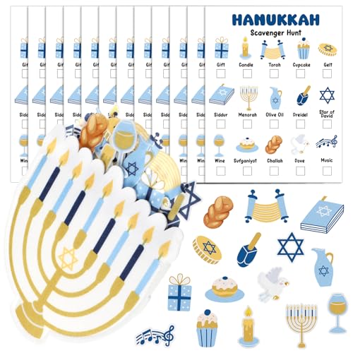 Hollowfly Chanukkah-Schnitzeljagd-Spiel, Chanukka-Dekoration, inklusive 15 Schnitzeljagdkarten, 45 Filz-Chanukka-Elementstücke mit Menorah-Tasche für Kinder und Erwachsene, Chanukkah-Party-Aktivitäten von Hollowfly