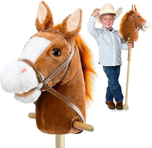 HollyHOME Steckenpferd mit Holzrädern Echtes Pony wiehern und galoppieren Klänge Plüsch Hobby Pferdespielzeug, 91cm, Braun von HollyHOME