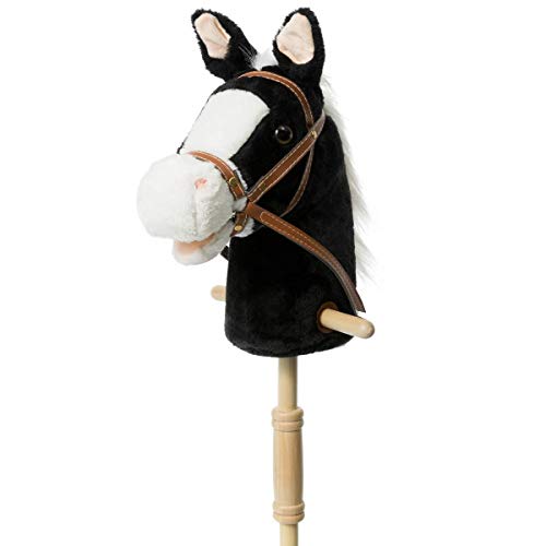 HollyHOME Steckenpferd mit Holzrädern Echtes Pony wiehern und galoppieren Klänge Plüsch Hobby Pferdespielzeug, 91cm, Schwarz von HollyHOME