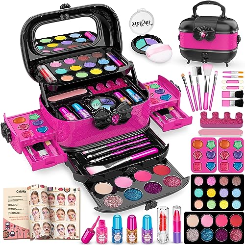 Hollyhi 58Pcs Wirklich Kinderschminke Set, Sicher Waschbar Schminkkoffer Mädchen Schminke Spielzeug, Geburtstag Weihnachten Kinder Make Up Set Mädchen Geschenke 3 4 5 6 7 8 9 10 11 12 Jahre (Rosa) von Hollyhi