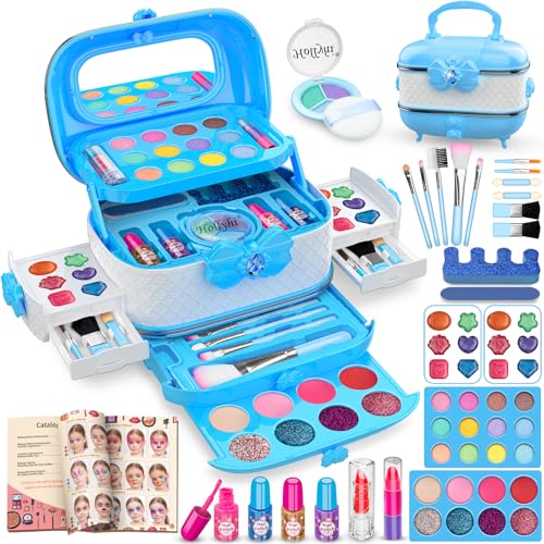 Hollyhi 58Pcs Wirklich Kinderschminke Set, Sicher Waschbar Schminkkoffer Mädchen Schminke Spielzeug, Geburtstag Weihnachten Kinder Make Up Set Mädchen Geschenke 3 4 5 6 7 8 9 10 11 12 Jahre (Blua) von Hollyhi