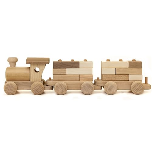 HolzFee Holzzug Dampflok Holz Eisenbahn Zug 35cm Lokomtive mit 3 Waggons Hänger + Bausteine von HolzFee