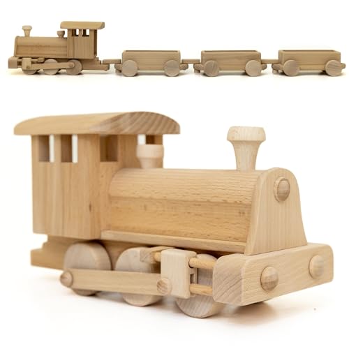 HolzFee Holzzug Dampflok Holz Eisenbahn Zug 86cm Lokomtive mit 3 Waggons Hänger von HolzFee