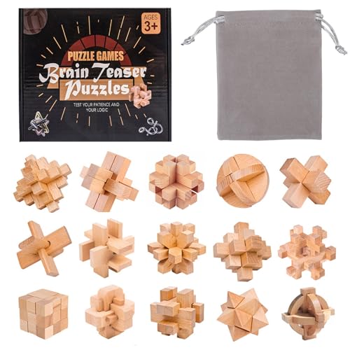 Holzsammlung 15 Stück Knobelspiele Holz, Geschicklichkeitsspiel Holz, Logikspiele IQ Spiele Geduldspiel Knobelspiele, Mini Puzzle Denkspiele Spielzeug Geschenk für Erwachsene Teenager Kinder, 4.5cm von Holzsammlung