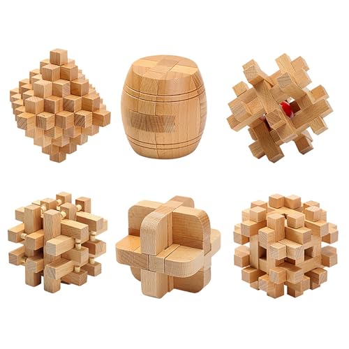 Holzsammlung 3D Denksport-Puzzle aus Holz, 6 Stück Klassisch Holzspielzeug Knobelspiel Geduldspiel Intelligenz Pädagigisches Gehirntraining Spielzeug Logikspiel für Kinder und Erwachsene#E von Holzsammlung