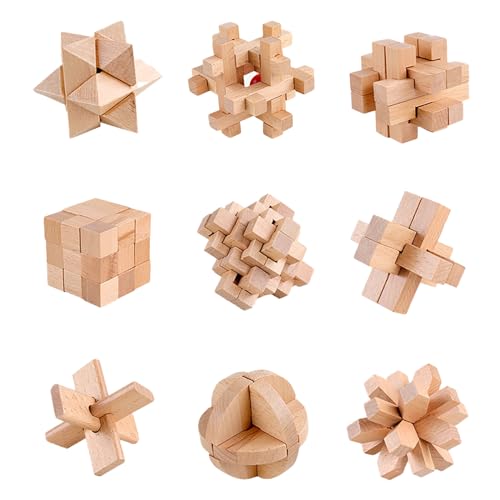 Holzsammlung 3D Denksport-Puzzle aus Holz, 9 Stück Klassisch Holzspielzeug Knobelspiel Geduldspiel Intelligenz Pädagigisches Gehirntraining Spielzeug Logikspiel für Kinder und Erwachsene#A von Holzsammlung