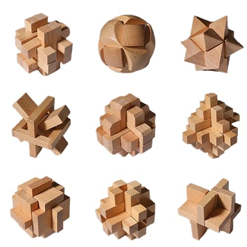 Holzsammlung 3D Denksport-Puzzle aus Holz, 9 Stück Klassisch Holzspielzeug Knobelspiel Geduldspiel Intelligenz Pädagigisches Gehirntraining Spielzeug Logikspiel für Kinder und Erwachsene#B von Holzsammlung