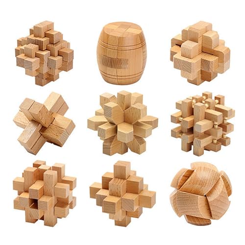 Holzsammlung 3D Denksport-Puzzle aus Holz, 9 Stück Klassisch Holzspielzeug Knobelspiel Geduldspiel Intelligenz Pädagigisches Gehirntraining Spielzeug Logikspiel für Kinder und Erwachsene#C von Holzsammlung