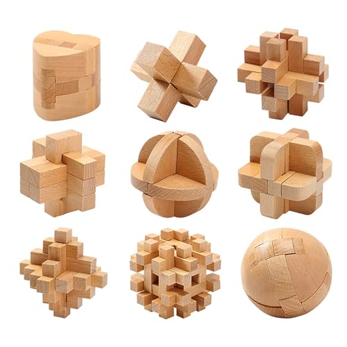 Holzsammlung 3D Denksport-Puzzle aus Holz, 9 Stück Klassisch Holzspielzeug Knobelspiel Geduldspiel Intelligenz Pädagigisches Gehirntraining Spielzeug Logikspiel für Kinder und Erwachsene#D von Holzsammlung