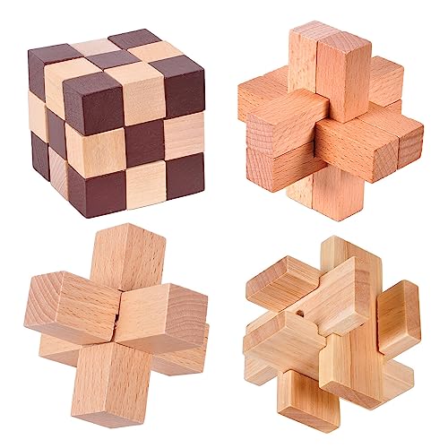 Holzsammlung 4 Stück Denksport Logisches Holzspiele Spielzeug, Mini 3D Puzzle IQ Test Logikspiele Knobelspiele Holz Rätsel Geduldspiel Denkspiel, Logik Geist Spielzeug, Größe 7.5 cm von Holzsammlung