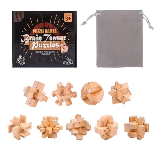 Holzsammlung 9 Stück Knobelspiele Holz, Geschicklichkeitsspiel Holz, Logikspiele IQ Spiele Geduldspiel Knobelspiele, Mini Puzzle Denkspiele Spielzeug Geschenk für Erwachsene Teenager Kinder, 4.5cm von Holzsammlung