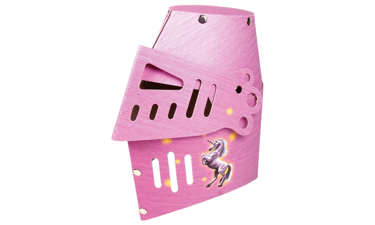 Ritterhelm Einhorn pink aus stabilem Hartkarton mit klappbarem Visier von Holzspielerei