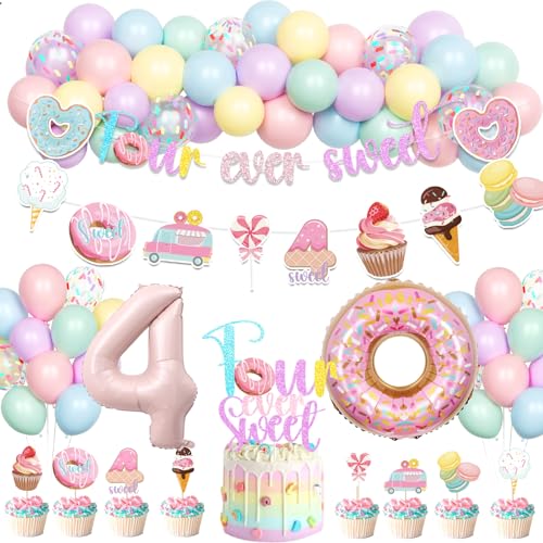 Hombae Four Ever Sweet Birthday Decorations Girl, 4th Birthday Donut Decorations for Girl, Sweet Birthday Party Supplies with Banner Cake Toppers Foil Balloon for 4 Year Old Birthday Party Decorations von Hombae