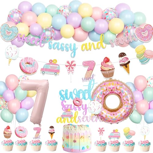 Hombae Sweet Sassy And Seven Birthday Decorations, 7th Birthday Decorations for Girls, Donut Birthday Party Supplies with Banner Cake Toppers Foil Balloon for 7 Year Old Sweet Party von Hombae