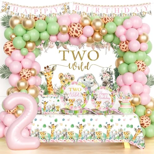 Hombae Two Wild Birthday Decorations Girl, Safari 2nd Birthday Decorations, Born Two Be Wild Jungle Theme Second Birthday Supplies Backdrop Balloon Banner Tablecloth Cake Topper Plates Napkins Forks von Hombae