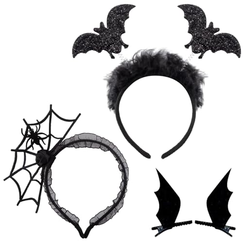 HomeDejavu 4 Stück Halloween Spinnennetz Haarreifen, Vampires Headwear, Fledermaus Haarband, Kopfschmuck Mit Spinne, Schwarz Fledermaus Haarreif, Für Halloween Kostüm Fasching Party Cosplay von HomeDejavu