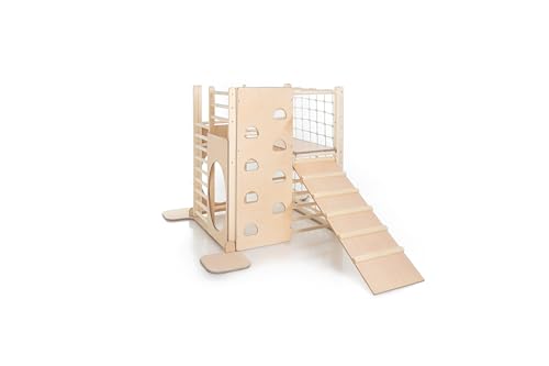 HomeForDreams Holz Montessori-Inspirierter Quadratischer Kletterturm für Kleinkinde: Faltbarer Indoor-Spielplatz mit Zubehörbrettern (Naturholz, Mit Innenbrett und Leiterbrett) von HomeForDreams