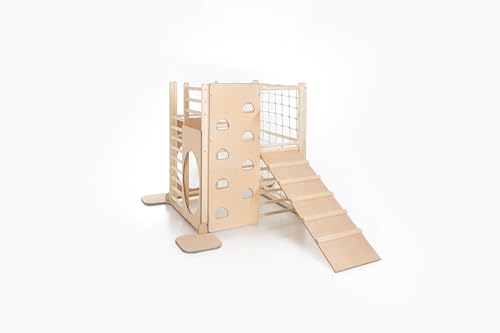 HomeForDreams Holz Montessori-Inspirierter Quadratischer Kletterturm für Kleinkinde: Faltbarer Indoor-Spielplatz mit Zubehörbrettern (Naturholz, Mit Leiterbrett) von HOMEforDREAMS