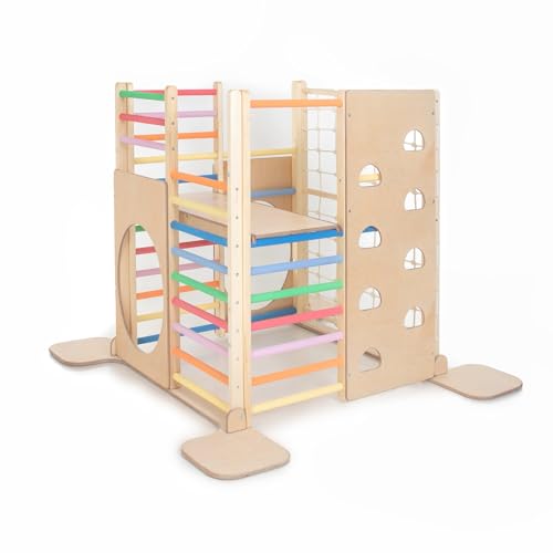 HomeForDreams Holz Montessori-Inspirierter Quadratischer Kletterturm für Kleinkinde: Faltbarer Indoor-Spielplatz mit Zubehörbrettern (Regenbogen, Mit Innenbrett) von HomeForDreams