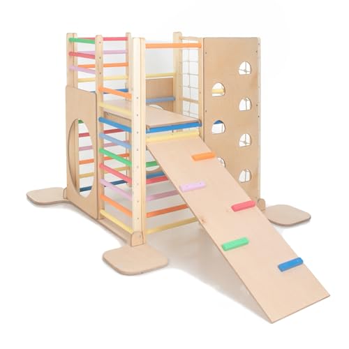 HomeForDreams Holz Montessori-Inspirierter Quadratischer Kletterturm für Kleinkinde: Faltbarer Indoor-Spielplatz mit Zubehörbrettern (Regenbogen, Mit Innenbrett und Kletterbrett) von HomeForDreams