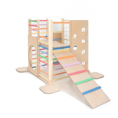 HomeForDreams Holz Montessori-Inspirierter Quadratischer Kletterturm für Kleinkinde: Faltbarer Indoor-Spielplatz mit Zubehörbrettern (Regenbogen, Mit Innenbrett und Leiterbrett) von HomeForDreams