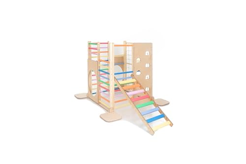 HomeForDreams Holz Montessori-Inspirierter Quadratischer Kletterturm für Kleinkinde: Faltbarer Indoor-Spielplatz mit Zubehörbrettern (Regenbogen, Mit Trittbrett) von HomeForDreams