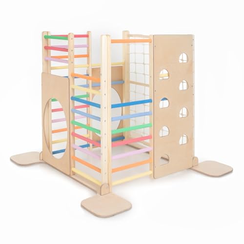 HomeForDreams Holz Montessori-Inspirierter Quadratischer Kletterturm für Kleinkinde: Faltbarer Indoor-Spielplatz mit Zubehörbrettern (Regenbogen, Ohne Zubehör) von HomeForDreams