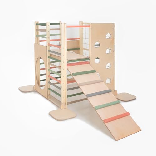 HomeForDreams Holz Montessori-Inspirierter Quadratischer Kletterturm für Kleinkinde: Faltbarer Indoor-Spielplatz mit Zubehörbrettern (Waldtraum, Mit Innenbrett und Leiterbrett) von HomeForDreams