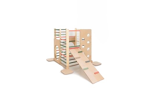 HomeForDreams Holz Montessori-Inspirierter Quadratischer Kletterturm für Kleinkinde: Faltbarer Indoor-Spielplatz mit Zubehörbrettern (Waldtraum, Mit Kletterbrett) von HomeForDreams