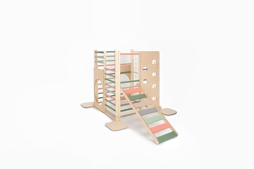 HomeForDreams Holz Montessori-Inspirierter Quadratischer Kletterturm für Kleinkinde: Faltbarer Indoor-Spielplatz mit Zubehörbrettern (Waldtraum, Mit Treppenbrett) von HomeForDreams