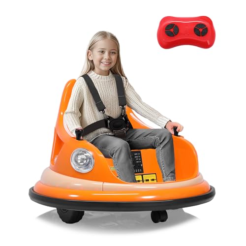 12V Elektro Autoscooter Kinder Kinderfahrzeug 360 Grad Rotation mit Fernbedienung, Sicherheitsgurt, LED-Lichtern, Musik, 1–3 km/h DREI Geschwindigkeitsstufen Kinder ab 3 Jahren Orange von HomeMiYN