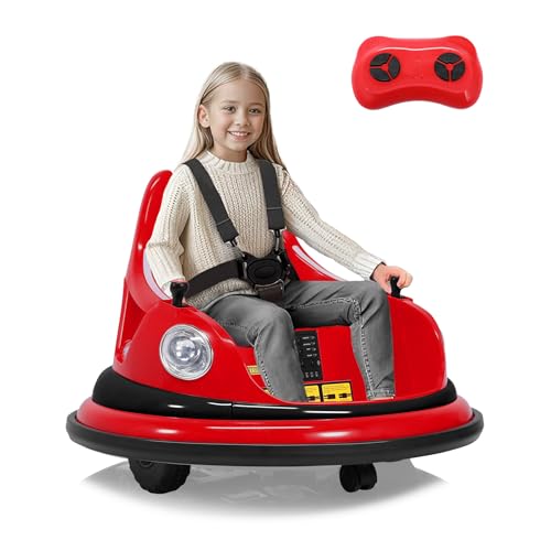 12V Elektro Autoscooter Kinder Kinderfahrzeug 360 Grad Rotation mit Fernbedienung, Sicherheitsgurt, LED-Lichtern, Musik, 1–3 km/h DREI Geschwindigkeitsstufen Kinder ab 3 Jahren Rot von HomeMiYN