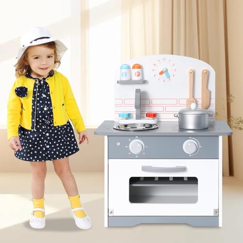 Kinderküche Holz Spielküche Spielzeug Multifunktionales Kinderspielzeugset mit Backofen Kochfeld Küchenspüle Schließfach Babyspielzeug Rollenspielküche Kinder Spielzeug ab 3 Jahren Dunkelgrau von HomeMiYN