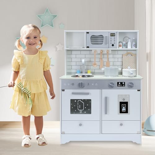 Kinderküche Holz Spielküche Spielzeug Multifunktionales Kinderspielzeugset mit Backofen Mikrowelle Kochfeld Küchenspüle Babyspielzeug Rollenspielküche für Kinder Spielzeug ab 3 Jahren Hellblau von HomeMiYN