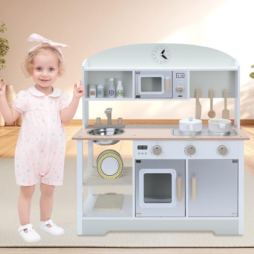 Kinderküche Holz Spielküche Spielzeug Multifunktionales Kinderspielzeugset mit Backofen Mikrowelle Kochfeld Küchenspüle Schließfach Babyspielzeug Rollenspielküche Spielzeug ab 3 Jahren Grau von HomeMiYN