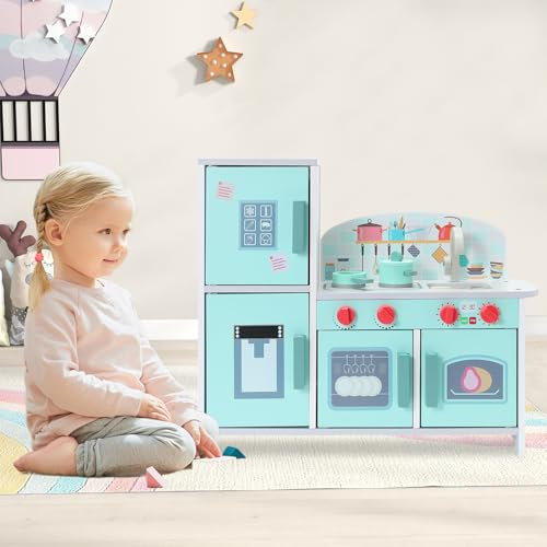 Kinderküche Holz Spielküche Spielzeug Multifunktionales Kinderspielzeugset mit Kühlschrank Backofen Kochfeld Schließfach Babyspielzeug Rollenspielküche Kinder Spielzeug ab 3 Jahren Grün von HomeMiYN