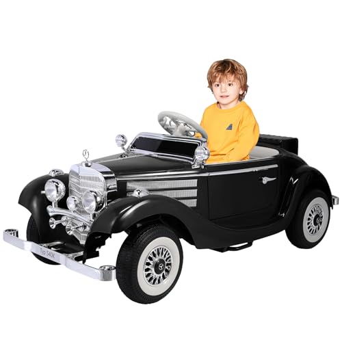 Mercedes Benz Oldtimer Retro Klassiker Elektroauto für Kinder 12 V 3–6 km/h klassischer Stil Kinderfahrzeu Eltern-Kind-Funktionen mit Fernbedienung Schwarz von HomeMiYN