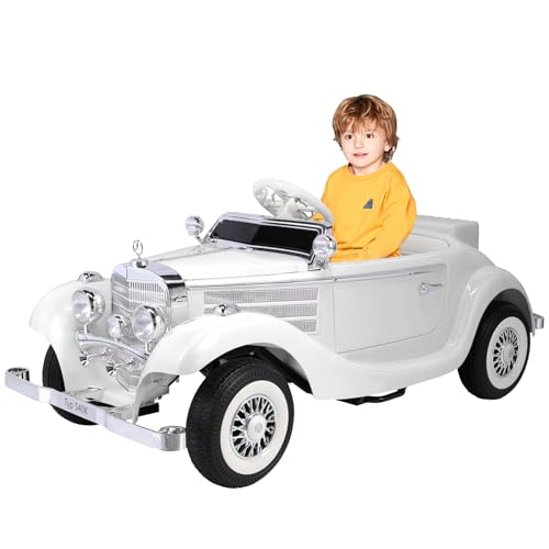 Mercedes Benz Oldtimer Retro Klassiker Elektroauto für Kinder 12 V 3–6 km/h klassischer Stil Kinderfahrzeu Eltern-Kind-Funktionen mit Fernbedienung Weiß von HomeMiYN