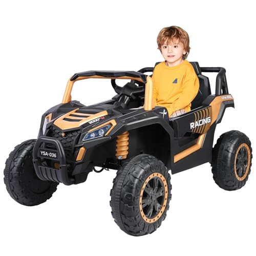 UTV 12V Kinder Elektro-Geländewagen Kinderfahrzeug 2-6 km/h mit Fernbedienung Multifunktionsmusik, sicher und unterhaltsam Kinderpedale vorwärts und rückwärts Kinder ab 3 Jahren Schwarz+Gelb von HomeMiYN