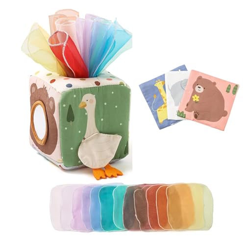 Baby Spielzeug 6-12 Monate Tissue Box Toy Montessori, Taschentuchbox Für Baby, Sensorisches Babyspielzeug Mit Spiegel, Tiermotiven, Farben, Texturen, Früherziehungsspielzeug Für Jungen Und Mädchen von Homefantasy