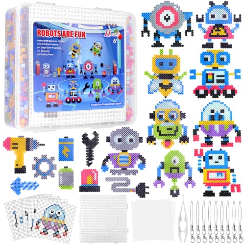 Homgaty 5000 Bügelperlen Roboter Set, Steckperlen 5 mm Perlen mit Steckplatte, 17 Muster, Bügelpapier, Anhänger und Zubehör zum Basteln Handwerk für Kinder Geschenk von Homgaty