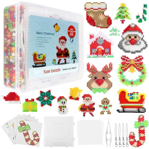 Homgaty 5000 Stück Bügelperlen Weihnachten, Steckperlen 5 mm Perlen mit Steckplatte, 16 Muster, Bügelpapier, Anhänger und Zubehör zum Basteln Handwerk für Kinder Geschenk Weihnachtsdekoration von Homgaty