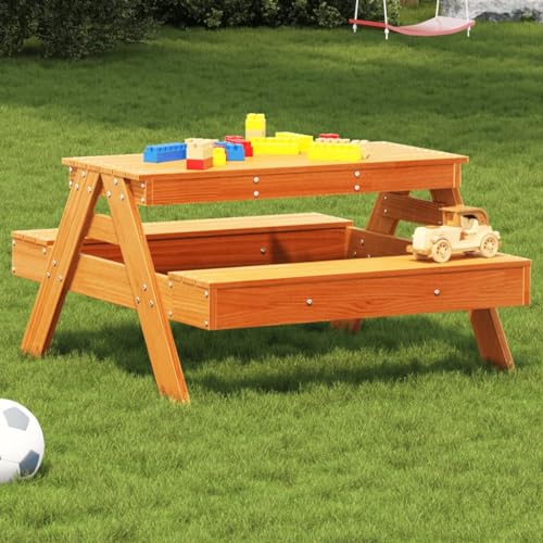 Homgoday Picknicktisch für Kinder, Braun, Wachs, 88 x 97 x 52 cm, Massivholz, Kiefernholz, Gartentisch, Esstisch, Küchentisch von Homgoday