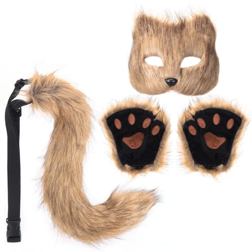 HonGien Cosplay Fox Set, Fuchs-Maske Cosplay Kostüm, Plüsch Kralle Handschuhe Fuchsschwanz Cosplay Set für Halloween, Weihnachten, Karneval Party (Braun) von HonGien