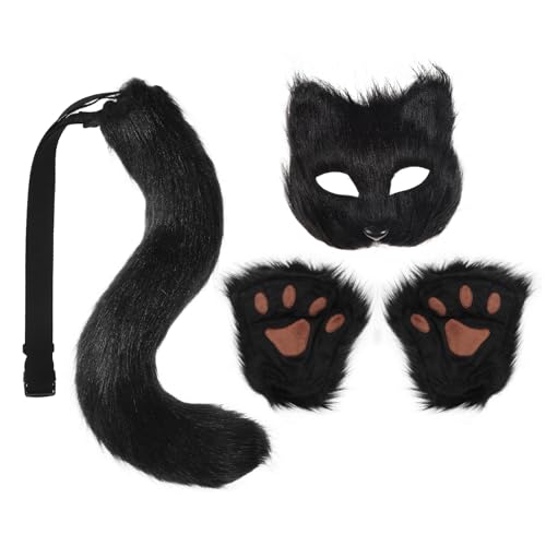 HonGien Cosplay Fox Set, Fuchs-Maske Cosplay Kostüm, Plüsch Kralle Handschuhe Fuchsschwanz Cosplay Set für Halloween, Weihnachten, Karneval Party (Schwarz) von HonGien