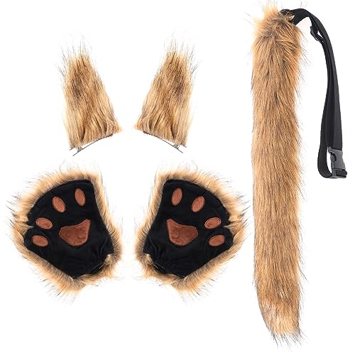 HonGien Cosplay Fuchsohren Set, Fox Wolf Cosplay Fuchs Kostüm, Braun Fuchs Cosplay Kostüm Set für Halloween, Weihnachten, Karneval Party von HonGien