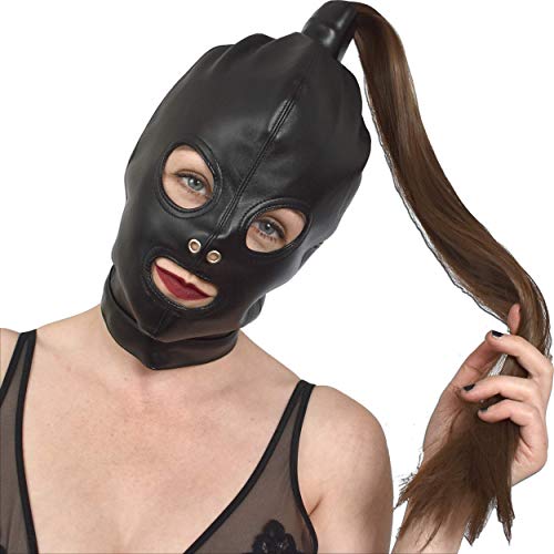 Honeylust Weiche Kunstleder Kopf Maske mit langem Zopf und Augen-Mund-Öffnung - Haube mit weichen Haaren - Augenmaske mit Schnürung - Halloween Fasching Karneval von Honeylust