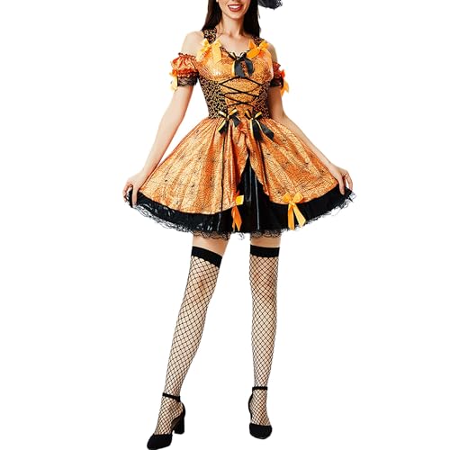 Hongsuny Damen Süß wie Süßigkeit Mais Hexe Kostüm Orange Spaghetti Strap Kleid mit Hut Halloween Party Kürbis Kostüm von Hongsuny